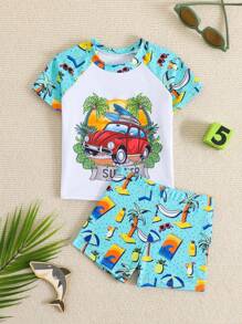 Baby Boy Summer Beach Stylish Car Graphic Print Swimsuit Set, Infant Swimwear Set With Ocean Life And Tropical Plant Prints. A Fashionable Must-Have Item For Beach Vacation, Featuring Short Sleeve Design, Blue And White Color Contrast, And Cute Car Cartoon Pattern. Vibrant And Lively, Suitable For Adorable Boys To Wear When Playing At The Beach During Holiday. - Multicolor - View 2