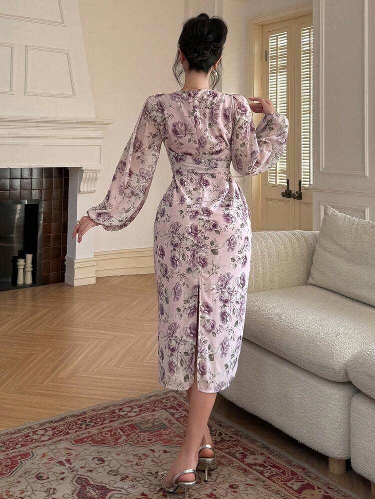Spring Floral Print V-Neck Lantern Sleeve Tie-Up Mid-Length Dress For Women,Fall Dress Long Sleeve Dress