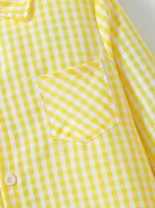 Young Boy Casual Black&White Plaid Long Sleeve Pocket Shirt, Spring/Autumn - Yellow - View 4
