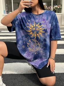 Muchica Áo thun cổ tròn tay ngắn in hình mặt trời nhuộm loang cỡ lớn cho nữ - Màu tím - Xem 3