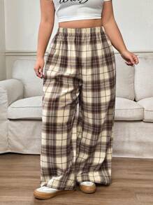 Solflare Plus Size Women's Plaid Pants,Black & White Plaid Elastic Waist Pockets Wide Leg Casual Loose Pants,Women Winter Clothes