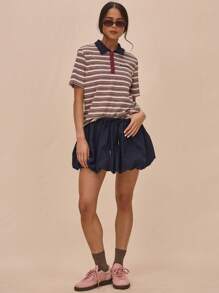 MUSERA Relaxed Fit Collared Striped Embroidered "Musera" Short Sleeve Polo Shirt Spring Street Style Book Shop Oversized Graphic Tees Airport Holiday Summer Fall Back To School Autumn Winter