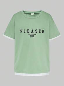 SHEIN Tween Boy Colorblock Letter Print Crew Neck Short Sleeve T-Shirt And Loose Shorts Set