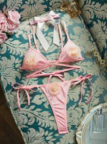 Vintage Palace Metallic Pink 3D Rose Sexy Lingerie Set For Women - Pink - View 1