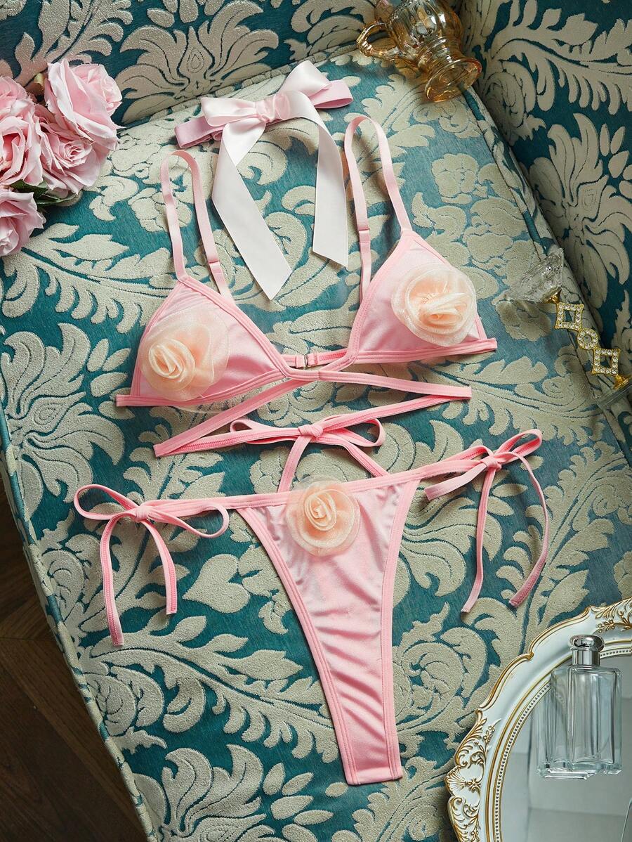 Vintage Palace Metallic Pink 3D Rose Sexy Lingerie Set For Women - Pink - View 1