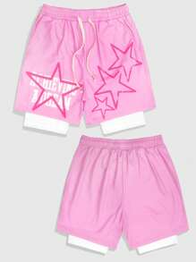 ROMWE MEN Prep Men's Anime Star Print Drawstring Waist Athletic Shorts - Multicolor - View 3