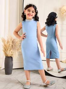 SHEIN 2pcs/Set Young Girl Elegant Lapel Collar Long Sleeve Belted Jacket & Sleeveless Dress Set - Blue - View 5