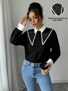 Elenzga Women's Patchwork Collar Pearl Decor Color Block Sleeve Long Sleeve Blouse - Black - View 1