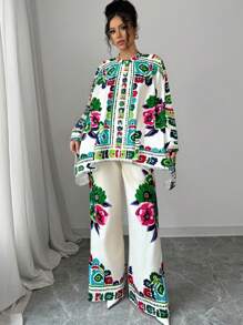 Elenzga 2 件女式花卉印花蝙蝠袖衬衫和裤子套装