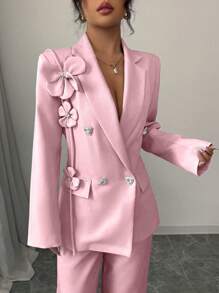 Chiquease 新品春季浪漫约会露肩剪裁水钻双排扣直筒长袖女士西装外套女士套装女士套装优雅女士套装 - 粉色 - 查看 6