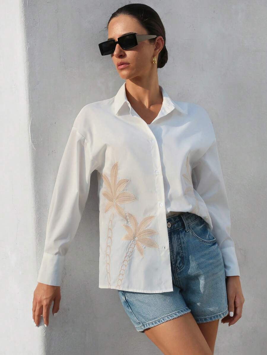 Aveloria Modichic Elegant Vacation Casual Fashion High-End Colorblock Coconut Tree Embroidery Long Sleeve Button-Down Women Shirt Fall Cloth For Women - White - View 1
