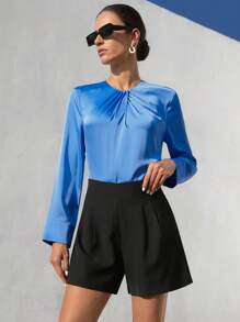 SHEIN Privé 优雅简约经典复古设计褶领长袖衬衫，海军蓝 - 藍色 - 查看 7