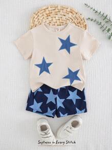 Cozy Pixies 2pcs/Set Baby Boy Star Print Knit Soft Round Neck Short Sleeve Top And Elastic Waist Shorts Set - Multicolor - View 3