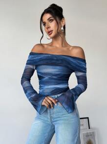 SHEIN Privé 女士新款扎染花卉露肩长袖紧身衣，休闲日常穿着图案 T 恤紧身衣，适合春秋季节，通勤/优雅/性感/度假/海滩/浪漫/约会/情人节/音乐节/表演/返校 - 彩色 - 查看 4