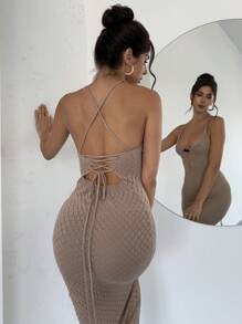 Firerie New Elegant Apricot Deep V-Neck Hollow Out Backless Cross Strap Fitted Crochet Spaghetti Strap Dress, Vacation Style, Spring/Summer Concert Rave Outfit Women