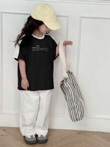 Dazy Kids 年轻女孩圆领针织字母印花拼色宽松短袖 T 恤，夏季