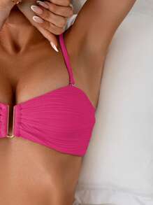 SHEIN Swim 2025 女士纯色褶皱性感比基尼泳装套装 - 玫紅色 - 查看 5