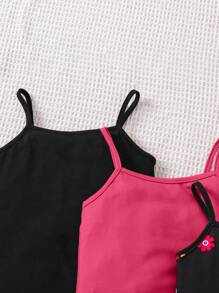 SHEIN 3件套少女针织纯色吊带背心连体裤和彩色花卉印花针织休闲连体裤 - 玫紅色 - 查看 4