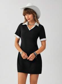 SHEIN LUNE Rochie cămașă 2 în 1, ocazională/de lucru, scurtă - Alb-negru - Vizualizare 4