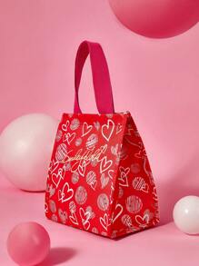 SmileyWorld® | SHEIN Red Smiling Face & Heart Print Lunch Bag, Large Capacity - Red - View 2