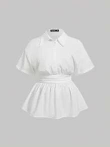 SHEIN MOD Plus Size White Waist Pleat Detail Casual Formal Shirt, Women Plus SizeTurn-Down Collar Long Sleeve Ruched Ruffle Hem White Blouse,Button Up Women Shirt,Long Sleeve Women Shirts,White Button Up Shirt, Festival Shirt,Professional Clothes,Business Casual Women,Office Appropriate