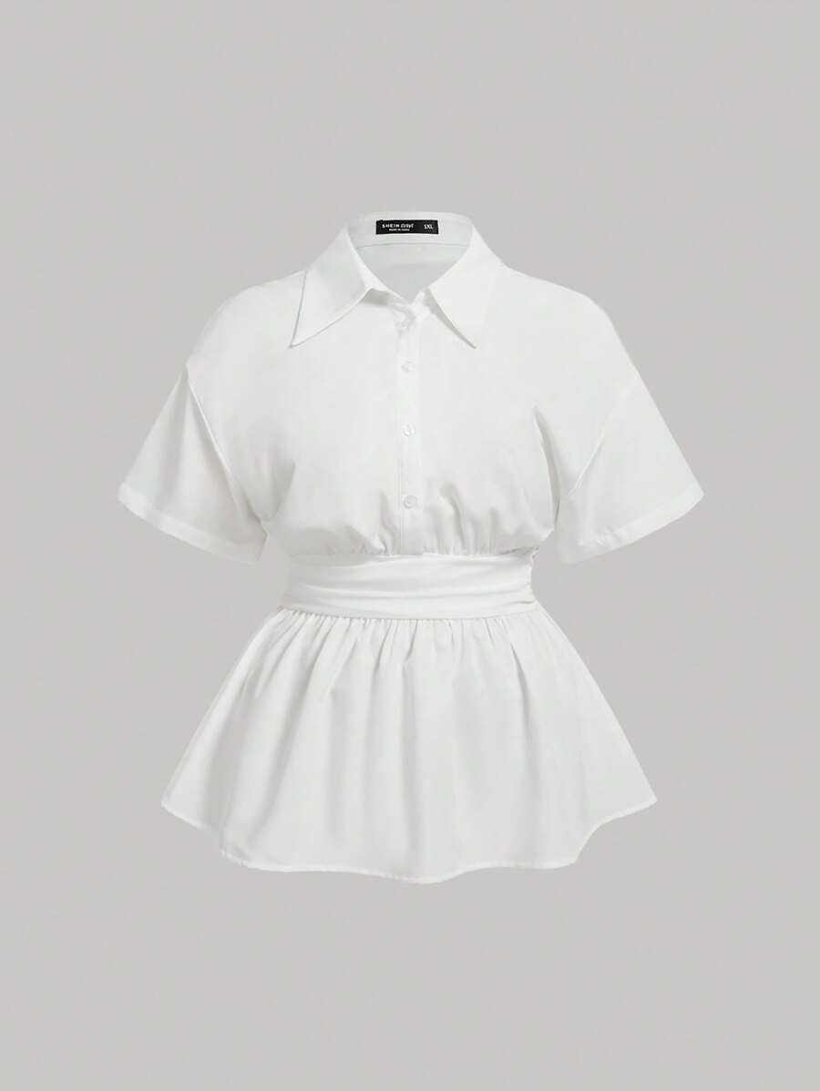 SHEIN MOD Plus Size White Waist Pleat Detail Casual Formal Shirt, Women Plus SizeTurn-Down Collar Long Sleeve Ruched Ruffle Hem White Blouse,Button Up Women Shirt,Long Sleeve Women Shirts,White Button Up Shirt, Festival Shirt,Professional Clothes,Business Casual Women,Office Appropriate