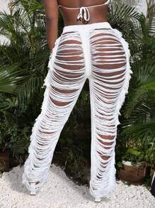 Slaydiva Sexy White Knit Fringe Pants: Tassel Cut Out Hollow Out Beach Cover Up Trousers For Women - White - View 2
