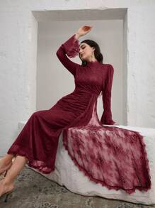 Graceveil Women's Elegant Conservative Luxurious Arabic Style Woven Lace Bell Sleeve Dress - Burgundy - View 5