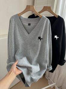 SHEIN LUNE 2 pièces/set Sweat-shirt décontracté minimaliste taille grande, col V ample. Convient pour le printemps et l'automne