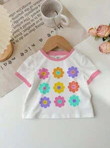 SHEIN Cute Cartoon Floral Print, Baby Girl Casual Simple Crew Neck Short Sleeve Top, Suitable For Summer - White - View 2