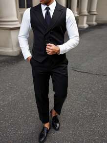 SHEIN 2pcs/Set Tween Boy's Classic Black Business Formal Suit Vest Jacket + Straight Leg Pants, Versatile For Daily Wear, Banquets, Parties, Gatherings - Black - View 1