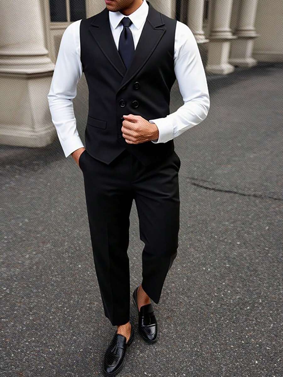 SHEIN 2pcs/Set Tween Boy's Classic Black Business Formal Suit Vest Jacket + Straight Leg Pants, Versatile For Daily Wear, Banquets, Parties, Gatherings - Black - View 1