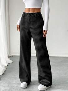 SHEIN PETITE Women's Striped Straight Loose Casual Pants, Versatile - Black - View 6