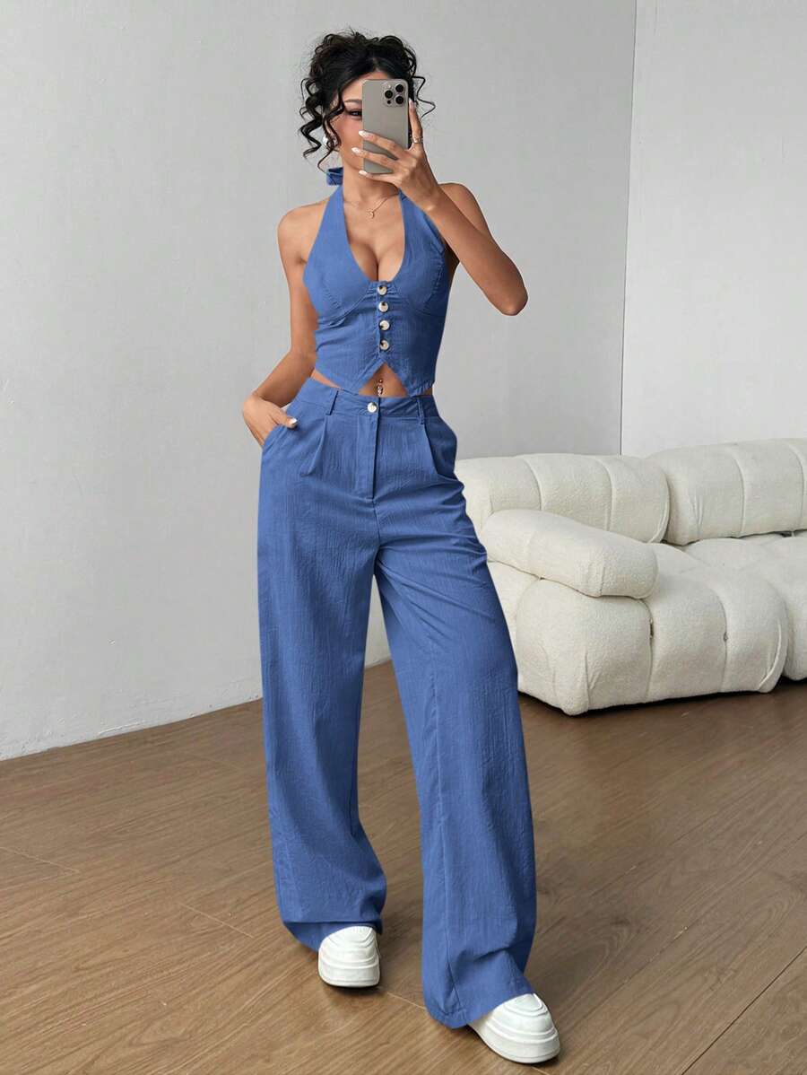 Flirla Petite 2 件套：领带背心和直腿休闲裤 - 淺藍色 - 查看 1