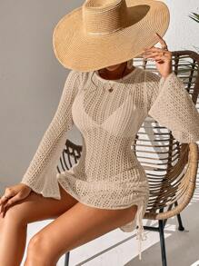 SHEIN Swim 时尚女士纯色镂空针织抽绳侧领迷你连衣裙 - 卡其色 - 查看 6