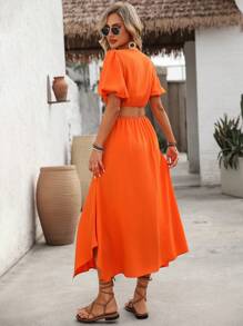 SHEIN Clasi Women's V-Neck Asymmetrical Scallop Cutout Waistline Long Dress With Puff Lantern Sleeves, Casual Resort Style, Spring/Summer - Orange - View 2