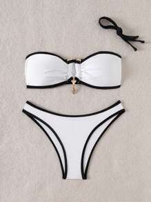 SHEIN 2 Pieces Women Summer Beach Vacation Solid Color Black & White Metal Accessory Halter Top And Bikini Bottoms Set - Black and White - View 6