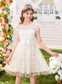 Tween Girls Elegant Embroidered 3D Flower Mesh Bell Sleeve Dress With Belt, Suitable For Spring And Summer,Holiday,Summer,Travel - Apricot - View 4