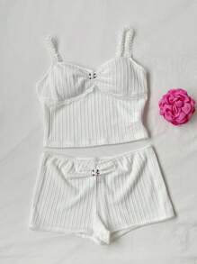 Comfortcana Conjunto informal de 2 piezas de mujer con camiseta de tirantes con volantes de encaje y contraste de color, y shorts - Blanco - Ver 3