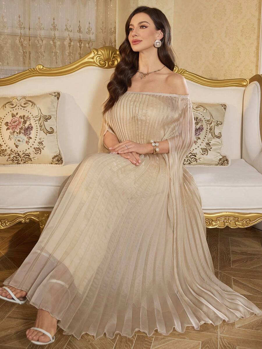 SHEIN Clasi Women's Off-Shoulder Pleated Poncho Dress With Built-In Camisole, 2 Pieces Set - Apricot - View 1