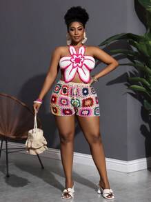 Slaydiva Ensemble top ras-du-cou à dos ouvert et short fleuri pour femmes grande taille - Multicolore - Voir 7