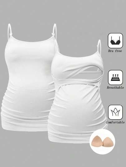 Modmama Maternity Camisole With Built-In Bra Cup, Nursing Tank Top, White