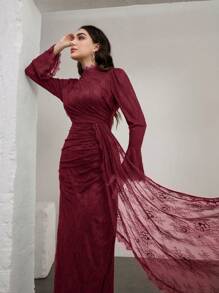 Graceveil Women's Elegant Conservative Luxurious Arabic Style Woven Lace Bell Sleeve Dress - Burgundy - View 3