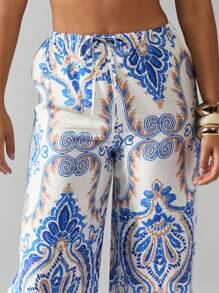 MISSGUIDED Bohemian Summer Palazzo Pants Wide Leg Drawstring Trousers Beach Resort Wear Floral Print Airy Loose Bottoms Vacation Holiday Lounge Wear - Multicolor - View 5