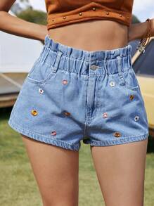 Breezaya Pantalones cortos vaqueros de cintura alta con bordado floral estampado y bolsillo con botón, ropa occidental de estilo bohemio para mujer