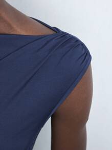 Maija Váy midi dệt kim thanh lịch, sang trọng, dự tiệc mùa thu/đông mới dành cho nữ, màu đỏ tía/xanh navy, tay ngắn, thắt lưng kim loại, váy công sở duyên dáng - Màu xanh lam - Xem 8