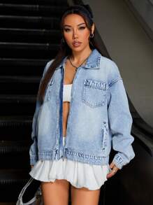 SHEIN ICON Loose Fit Light Wash Women's Denim Jacket/Coat - Light Wash - View 4