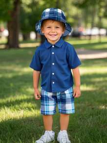 SHEIN 2pcs/Set Young Boy Casual Solid Color Button-Up Short Sleeve Shirt And Plaid All-Over Print Shorts Outfit, Suitable For Summer Casual, Party, Daily Wear, School, Travel, Getaway, Holiday, Relaxation, Sunbathing - Blue - View 8