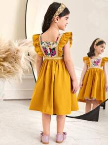 SHEIN Young Girl Color Block Ditsy Floral Square Neck Ruffled Hem Fitted Dress - Yellow - View 2