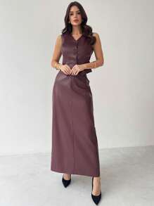 Firerie Women Elegant Simple Refined Commuting Office Fashionable Everyday V-Neck Button Leather Vest And High Waist Straight Split Hem Skirt Akula Red Leather Suit, Spring/Summer - Burgundy - View 5